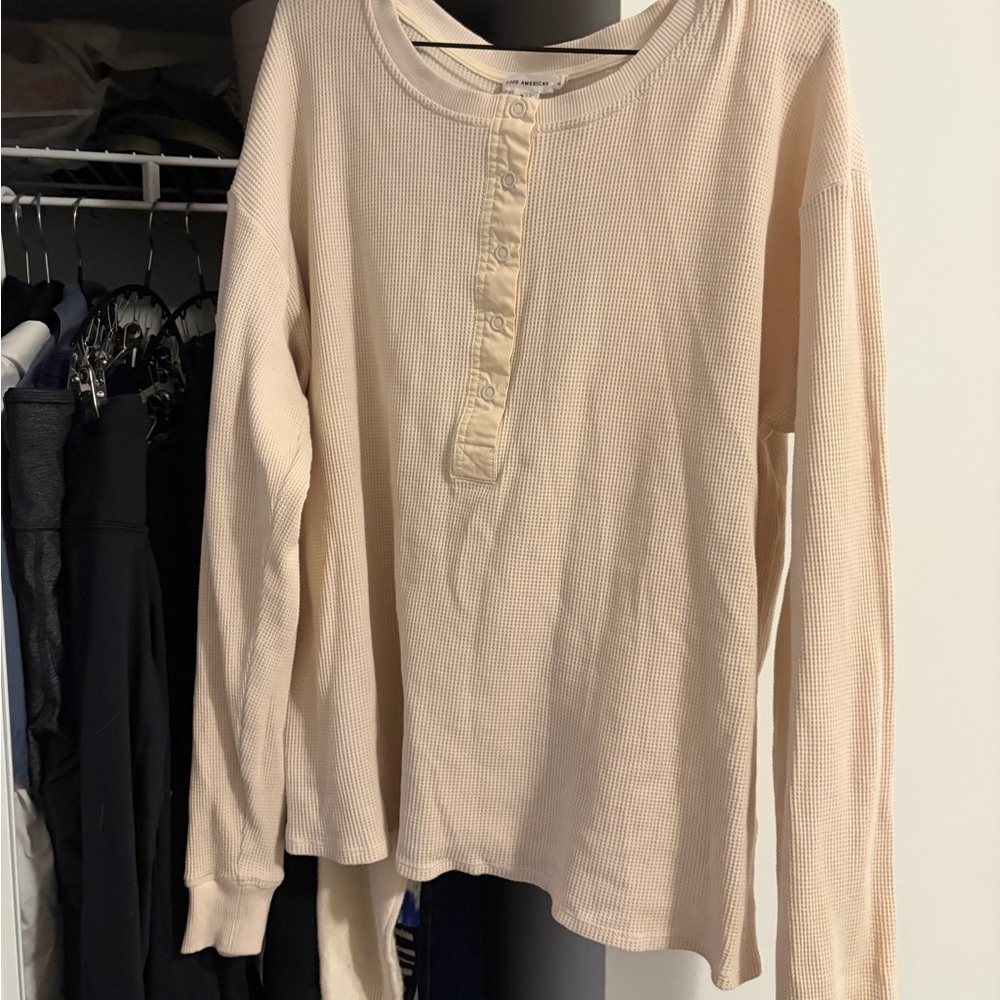Good American Cream Buttoned Henley